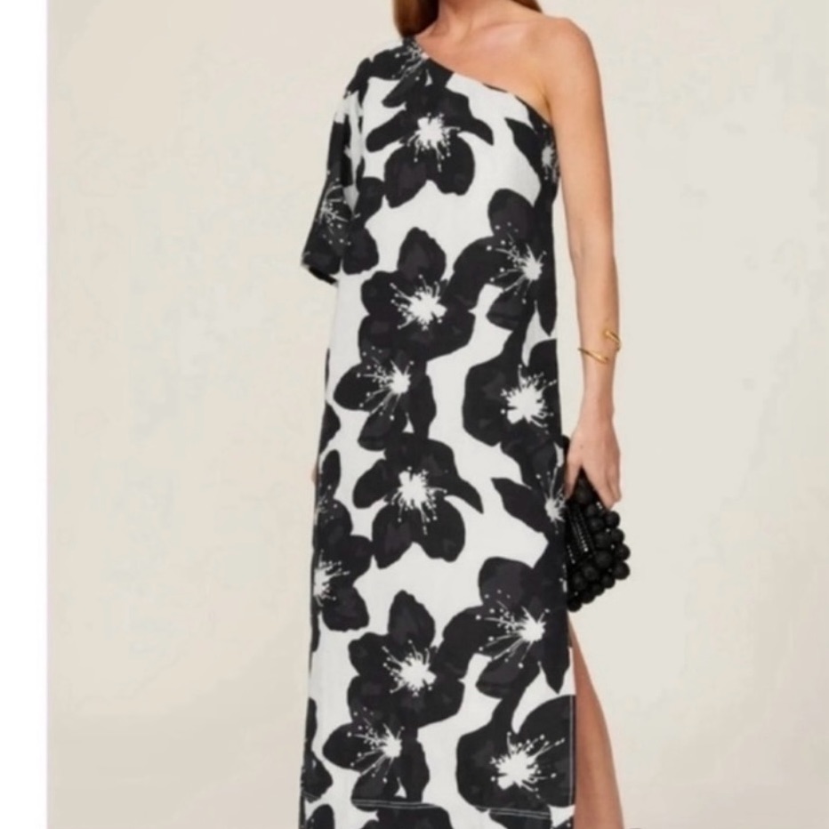 Something Navy One-Shoulder Black & White Floral Maxi Dress